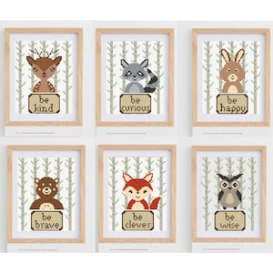 Bear, fox, fawn, bunny, owl woodland forest animals in counted cross stitch pattern pdf chart | xstitch baby and children&#39;s room | be kind