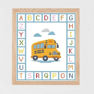 Schoolbus met alfabetblokletters rand geteld kruissteekpatroon babyjongen meisje inrichting kinderkamer klaslokaal sampler kruissteek pdf-grafiek