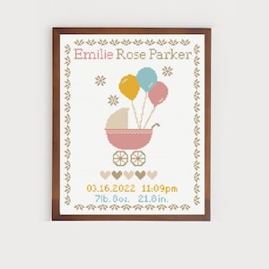 Patrón de punto de cruz contado para anuncio de nacimiento de bebé niña niño / muestrario de globos de cochecito, gráfico de punto de cruz en PDF, guardería personalizada xstitch