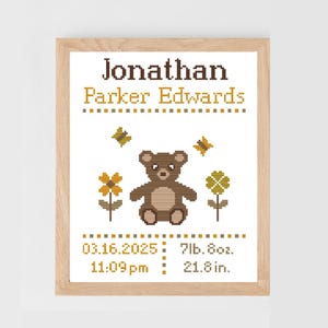 Schattige teddybeer bloemen vlinders kruissteekpatroon pdf-kaart babyjongen meisje geboortekaartje | moderne gepersonaliseerde kinderkamer xstitch