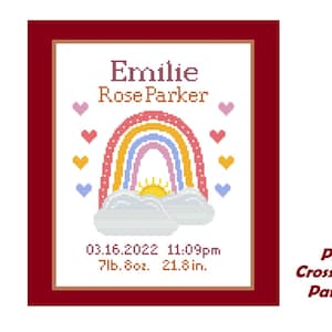 Baby birth announcement counted cross stitch pattern pdf | modern personalized nursery wall art xstitch gift | rainbow clouds baby sampler