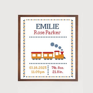 Kruissteekpatroon trein babyjongen meisje geboortekaartje | moderne pdf-tabel met getelde kruissteek | naam gepersonaliseerd babyshowercadeau