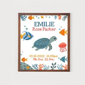 Sea turtle jelly fish counted cross stitch pattern ocean underwater baby birth announcement | nautical sampler modern personalized boy girl