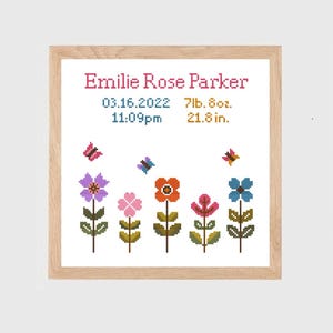 Colorful flowers counted cross stitch pattern baby boy or girl name birth announcement | pdf crossstitch chart | modern xstitch baby sampler