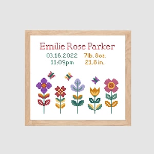 Kleurrijke bloemen geteld kruissteekpatroon geboortekaartje babyjongen of -meisje | pdf-kruissteektabel | moderne xstitch babysampler
