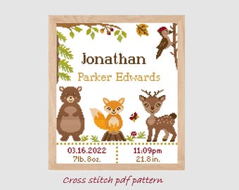 Fawn, Fox, Bear Cross Stitch Pattern: Woodland Baby Birth Announcement (PDF)