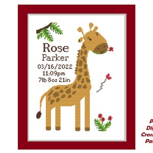 Giraffe counted cross stitch digital pattern | personalized baby birth announcement | nursery decor | DIY baby gift xstitch | free font pack