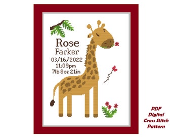 Giraffe counted cross stitch digital pattern | personalized baby birth announcement | nursery decor | DIY baby gift xstitch | free font pack