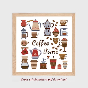 May include: A framed cross-stitch pattern featuring various coffee-related items in shades of brown, red, and beige. The words "Coffee Time" are stitched in a cursive font. The phrase "Cross stitch pattern pdf download" is at the bottom.