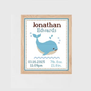 Cute whale counted cross stitch pattern nautical ocean baby birth announcement | sea sampler modern personalized boy girl nursery xstitch