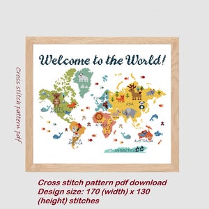World Map Animals Cross Stitch Pattern: Nursery Decor (PDF Pattern)
