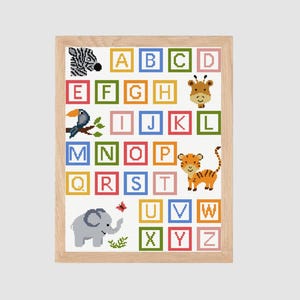 Letras del alfabeto, fuentes, animales de safari, patrón de punto de cruz contado, para bebés, niños, niñas, guardería, niños, jardín de infantes, aula, punto de cruz