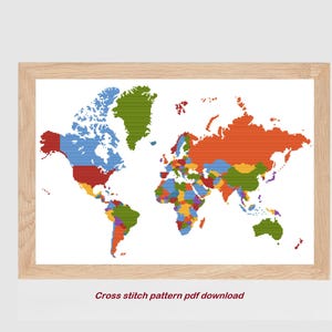 Patrón de punto de cruz de mapa del mundo: Patrón PDF de decoración educativa para el aula