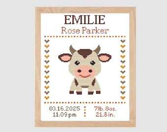 Annuncio di nascita di una mucca: schema a punto croce per la cameretta del bambino (schema PDF)