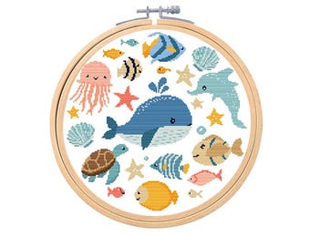 Padrão de ponto cruz de animais do oceano: baleia, tartaruga, golfinho (gráfico para download em PDF)