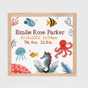Anuncio de nacimiento de bebé náutico con animales marinos submarinos / gráfico de patrón de punto de cruz de pulpo y caballito de mar, guardería moderna, regalo y fuentes xstitch