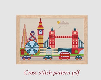 London Cityscape Cross Stitch Pattern: British Landmarks (PDF Pattern)