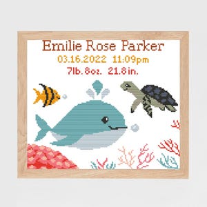 Cross stitch pattern pdf underwater baby birth announcement | whale sea turtle sampler | modern personalized nursery xstitch gift free fonts