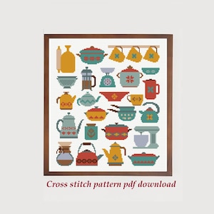 May include: A framed cross-stitch pattern featuring various kitchen items in a pixelated style. The design includes teapots, pots, bowls, and other cooking tools in shades of teal, red, yellow, and brown. The text "Cross stitch pattern pdf download" is at the bottom.