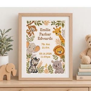 African Safari Animals Cross Stitch Pattern: Personalized Baby Nursery Sampler Birth Announcement