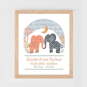 Olifant liefde geteld kruissteekpatroon baby meisje jongen geboortekaartje | pdf-tabel met kruissteeksteekproeven | gepersonaliseerde kinderkamer xstitch