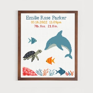 Cross stitch pattern baby birth announcement | dolphin sea turtle ocean animals sampler | modern personalized nursery xstitch pdf w/ fonts