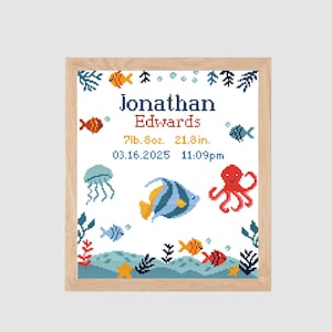 Tropical fish octopus counted cross stitch pattern ocean underwater baby birth announcement | sea animals sampler modern boy girl nursery