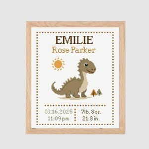 T-rex dinosaurus babyjongen meisje geboortekaartje kruissteekpatroon moderne getelde kruissteek pdf-kaartnaam gepersonaliseerde kinderkamer sampler