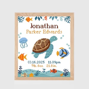 Sea turtle jelly fish nautical counted cross stitch pattern ocean baby name birth announcement boy girl sampler modern personalized nursery