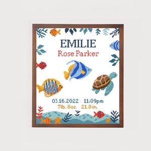 Fish sea turtle counted cross stitch pattern ocean underwater baby name birth announcement | boy girl sampler modern personalized nursery