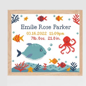 Nautical counted cross stitch pattern underwater baby birth announcement whale octopus ocean sea animals sampler modern personalized nursery