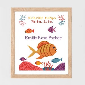 Cross stitch pattern under the sea ocean fish | baby boy birth name announcement modern counted crossstitch sampler | xstitch fonts chart