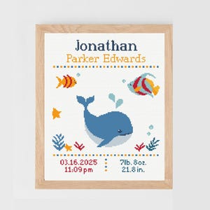 Whale fish counted cross stitch pattern ocean underwater baby birth announcement | sea animals sampler modern personalized boy girl nursery