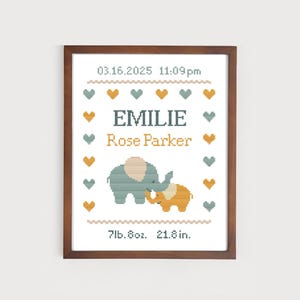 Padrão de ponto cruz com amor de elefante para anúncio de nascimento de bebê menina menino | amostra de gráfico de ponto cruz em PDF | berçário personalizado xstitch