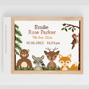 Bear fawn deer fox raccoon forest animals counted cross stitch pattern | DIY digital download | personalized xstitch baby birth announcement