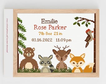 Woodland Animals Cross Stitch Pattern: DIY Baby Birth Announcement (Digital Download)