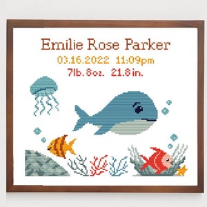 Cross stitch pattern pdf underwater baby birth announcement | whale jelly fish sampler | modern personalized nursery xstitch gift free fonts