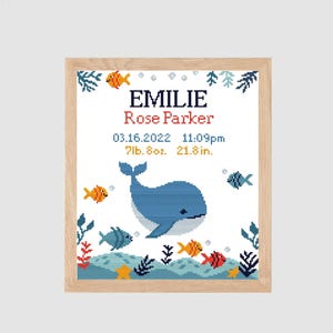 Whale fish counted cross stitch pattern ocean underwater baby birth announcement | sea animals sampler modern personalized boy girl nursery