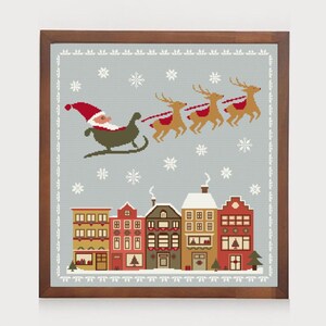 Reindeers Santa Claus sleigh Christmas village cross stitch pattern | X-mas houses counted crossstitch chart holiday pdf digital download
