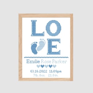 Padrão de ponto cruz contado para bebê menina menino amor anúncio de nascimento | amostrador de pegada ponto cruz gráfico pdf personalizado berçário xstitch