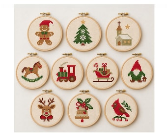 May include: Ten circular wooden embroidery hoops containing cross-stitch patterns of Christmas motifs including a gingerbread person, a pine tree, a church, a rocking horse, a train, a sleigh, a gnome, a reindeer, a bell, and a cardinal.