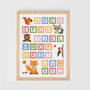 Letras mayúsculas del alfabeto, fuentes, animales del bosque, patrón de punto de cruz contado, bebé niño niña, guardería, niños, jardín de infantes, aula, punto de cruz
