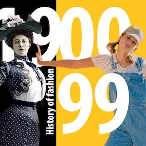 Può includere: Una foto in bianco e nero di una donna con un vestito a pois e un cappello grande dei primi anni del 1900. Accanto a lei c'è una donna con una tuta e una maglietta bianca degli anni '90. Il testo "History of fashion" è scritto verticalmente sul lato sinistro dell'immagine. Lo sfondo è giallo e nero.
