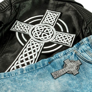 Celtic Ethnic Cross Patch, Irish Tribal Druid Amulet, Biker Back Jacket Emblem, Embroidered Iron / Sew On in 2 colors