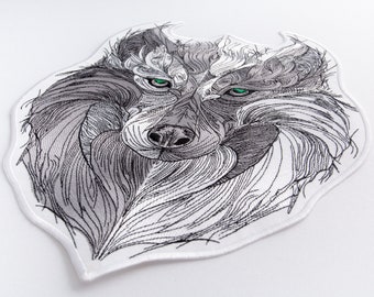 Large Tribal Wolf Patch, Biker Back Jacket Wolf Face Emblem, Embroidered Iron / Sew On in 2 colors
