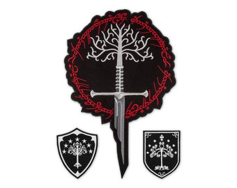 White Tree Sword & Shield Patch, Embroidered Fantasy Emblem for Cosplay Costume, Iron On / Sew On