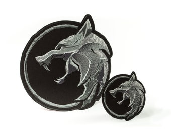 Wolf Medallion Patch, Angry Wolf Head Large and Small Jacket Amulet, Embroidered Iron / Sew On, 2 sizes