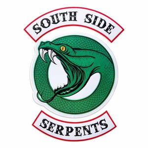 May include: A green snake with a yellow eye, coiled in a circle with the words "South Side Serpents" on a white background.