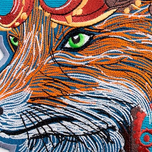 May include: Close-up of a fox's face with a steampunk-inspired design. The fox is wearing goggles and has intricate details like gears and flowers.