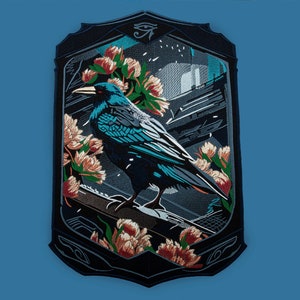 Floral Raven Large Back Patch, Witchy Crow Embroidery Art, Dark Bird Aesthetic, Iron-On Accessory, 10 x 15 inches